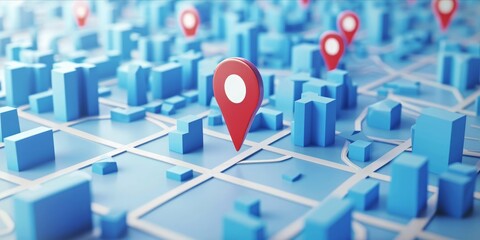 3D digital illustration of a blue map with red location pins