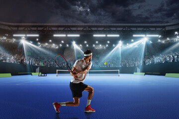 Fototapeta na wymiar Concentrated young man, tennis athlete in motion on tennis court, playing, hitting ball with racket. Fans cheering up player. Concept of sport, competition, tournament, action, success
