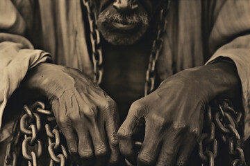 Close up of an African American slaves hands with chains - obrazy, fototapety, plakaty