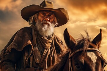 Rugged Cowboy banner portrait. Rodeo bandit. Fictional person. Generate Ai