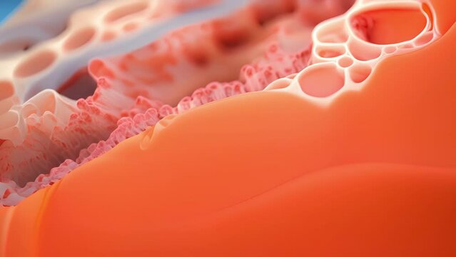 A magnified view of a bioprinted organ, showcasing the microscopic detail and complexity of the printed tissue. With 4D bioprinting, scientists and researchers are able to mimic the intricate