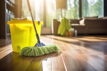 Effectively cleaning the house with a mop, bucket and cleaning products, keeping the house tidy promotes hygiene and cleanliness. - obrazy, fototapety, plakaty