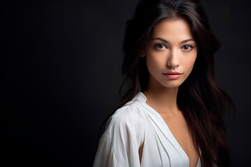 Fototapeta premium a beautiful asianwoman in a white dress, strong facial expression, dark white and dark brown, simple, multi-layered