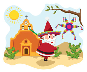 Cute cartoon style illustration of Mexican Santa Claus with a piñata