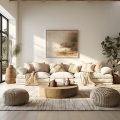 Modern luxury, minimal, elegant, neutral, cozy, white bohemian living room with a sofa. Earthy tone colors, Interior design inspiration.