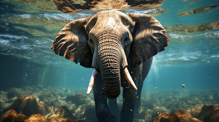 Swimming Elephant Underwater. Generative Ai - obrazy, fototapety, plakaty