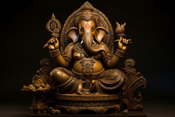 Exquisite Hinduistic sculpture ganesha. Gold indian elephant. Generate Ai
