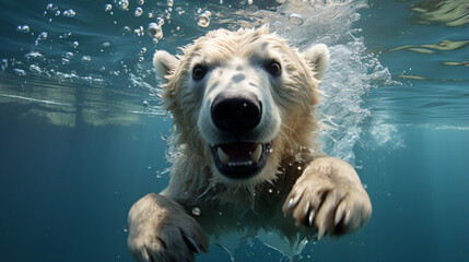 Close-up of a swimming polar bear underwater looking at the camera. Generative Ai - obrazy, fototapety, plakaty