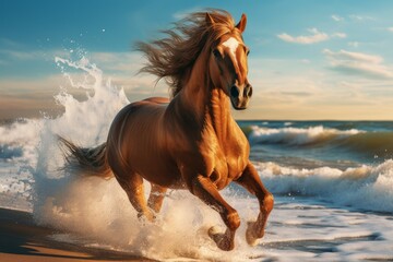 Carefree Horse galloping seaside. Summer running. Generate Ai