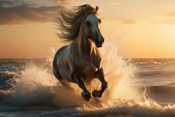 Powerful Horse galloping seaside. Summer running. Generate Ai