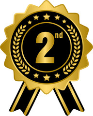 Golden 2nd prize ribbon medal, gold award winner badge
