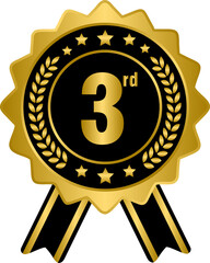 Golden 3rd prize ribbon medal, gold award winner badge
