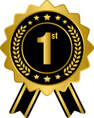 Golden 1st prize ribbon medal, gold award winner badge
