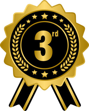 Golden 3rd prize ribbon medal, gold award winner badge
