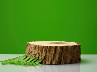 Tree trunk wood podium for cosmetic products, perfumes or food with leaf fall, minimalist clean background