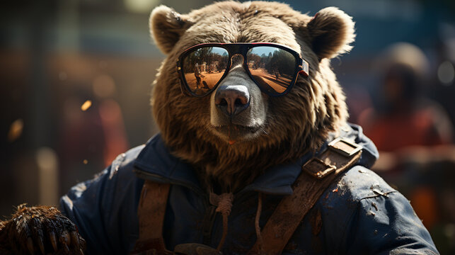 Teddy bear wearing sunglasses and holding american football ball. Generative Ai