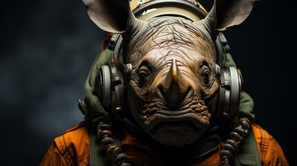 The cosmonaut One Horned Rhinoceros dressed in a space suit helmet a dark background. Generative Ai