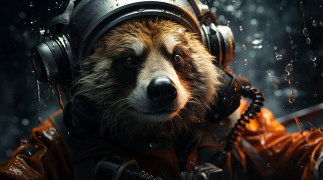 The cosmonaut red panda dressed in a space suit with a helmet on a dark background. Generative Ai