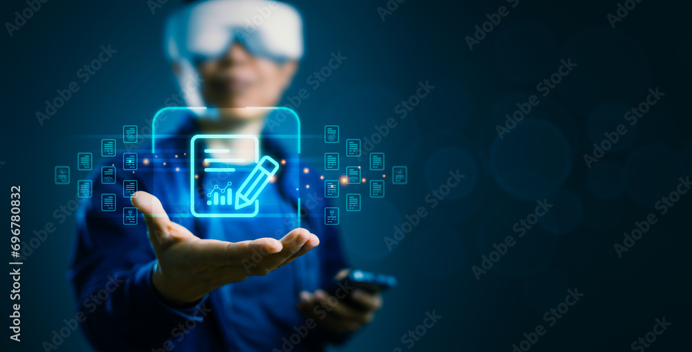 Poster digital frontier: man navigating futuristic technology and file management in the metaverse