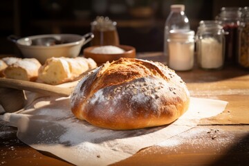 A traditional German Kaiser roll, dusted with flour, amidst baking ingredients under the soft morning glow