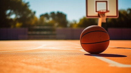 Basketball on orange basketball rubber field ground with basketball hoop. Basketball game background - obrazy, fototapety, plakaty