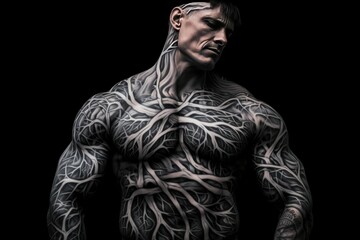 Artistic Man tattoos muscle. Body muscular. Generate Ai