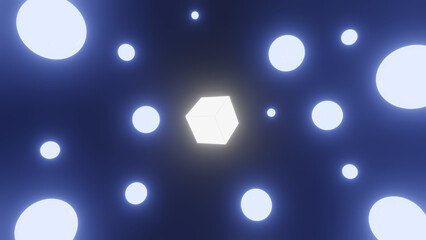 glowing shiny blue balls with cube for background