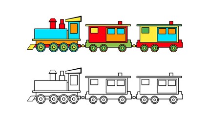 Illustration of train good for kids coloring pictures. Black white and colorful train suitable to use for children drawing coloring page