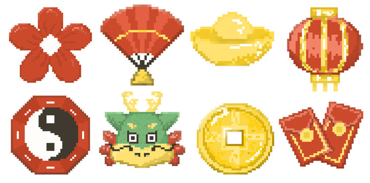 Set of Chinese new year pixel art, digital backgrounds, social media posts, themed designs, postcards, banners.