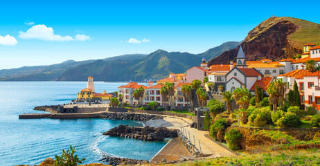 View of the small village of Canical and Marina da Quinta Grande, near Ponta de Sao Lourenco....