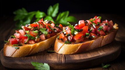 Delicious bruschetta food on wooden board with herbs and table in background, black background - obrazy, fototapety, plakaty
