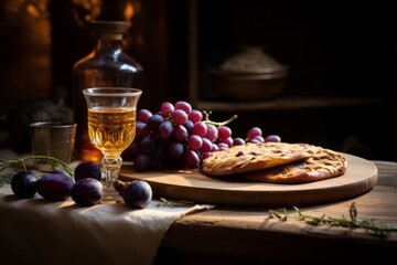 Savoring the taste of Quetsch: a delectable tart, fresh plums, and schnapps on a rustic wooden table - obrazy, fototapety, plakaty