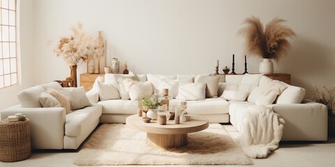 Fototapeta na wymiar Modern luxury, minimal, elegant, neutral, cozy, white bohemian living room with a sofa. Earth tone colors, Interior design inspiration.