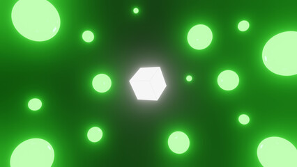 glowing shiny green balls with cube for background