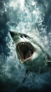 selachophobia: an in-depth, ultra-realistic portrayal of the profound fear of sharks, capturing the visceral terror and anxiety evoked by these formidable ocean predators - ai generated