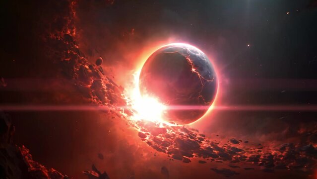 Fiery planet in space. Planet collapse