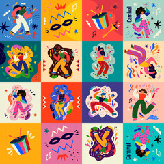 Carnival party. Carnival collection of colorful cards. Design for Brazil Carnival. Beautiful holiday vector illustration with dancing people.
