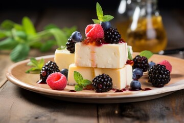 A Gourmet Serving of Creamy Fromage Frais, Fresh Berries and a Honey Drizzle, Set on a Vintage Wooden Table