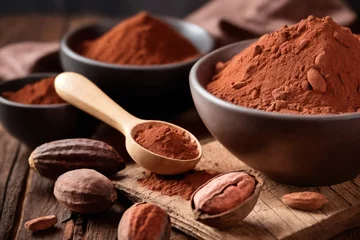 Gordijnen Cocoa powder in a bowl and cocoa beans on wooden background © Giuseppe Cammino