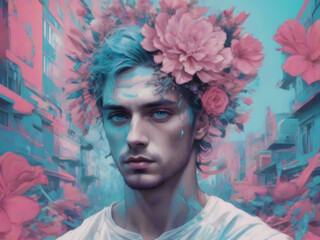 Portrait of a man with flowers in his hair, urban illustration, AI Generative