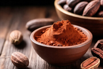 Cocoa powder in a bowl and cocoa beans on wooden background - obrazy, fototapety, plakaty