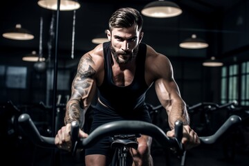 Motivated Man training fitness bike. Adult equipment health male activity. Generate Ai