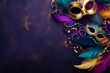 gold mardi gras colorful feathers background topview - obrazy, fototapety, plakaty