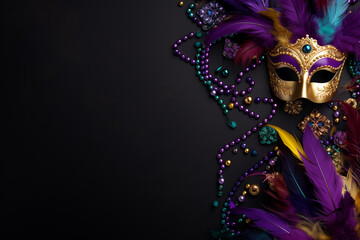 golden mardi gras mask jewelry feathers on violet background