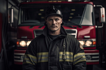 A heroic firefighter in uniform, standing confidently near a firetruck in an indoor setting.