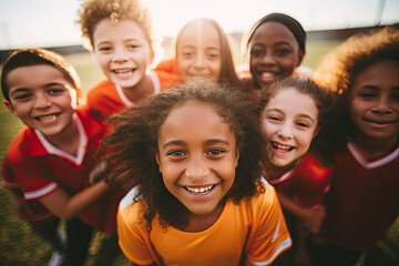 An adorable and diverse elementary soccer team of girls, standing together with joyful smiles. - obrazy, fototapety, plakaty