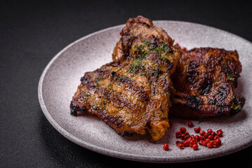 Delicious juicy beef or chicken steak with salt, spices and herbs