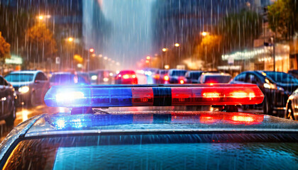 Closeup of red and blue flashing lights on top of police patrol car, on a busy city street during rain. Generative Ai. - obrazy, fototapety, plakaty