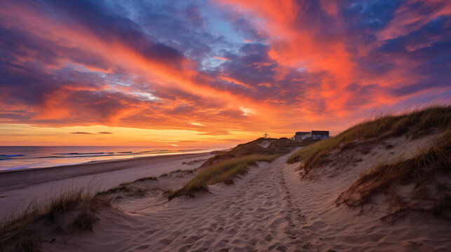 Sunrise paints the sky orange over the shoreline