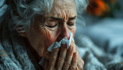 Senior woman having a cold and wiping her nose. covered with blanket blowing running nose sneeze in tissue suffer from allergy flu, allergic old lady hold handkerchief got hay fever, allergy concept - obrazy, fototapety, plakaty
